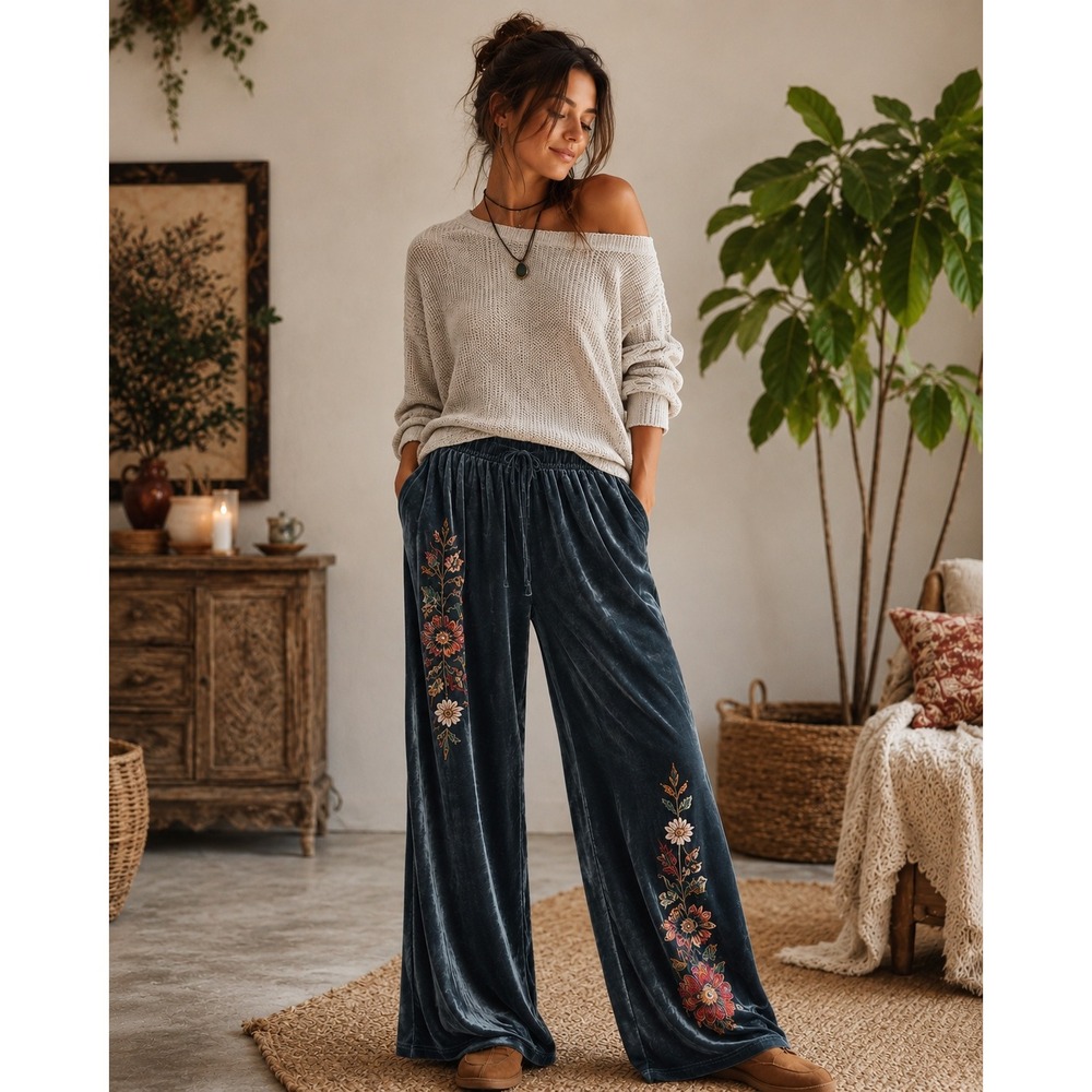 Floriana Slate Velvet Embroidered Wide Leg Lounge Pants Large